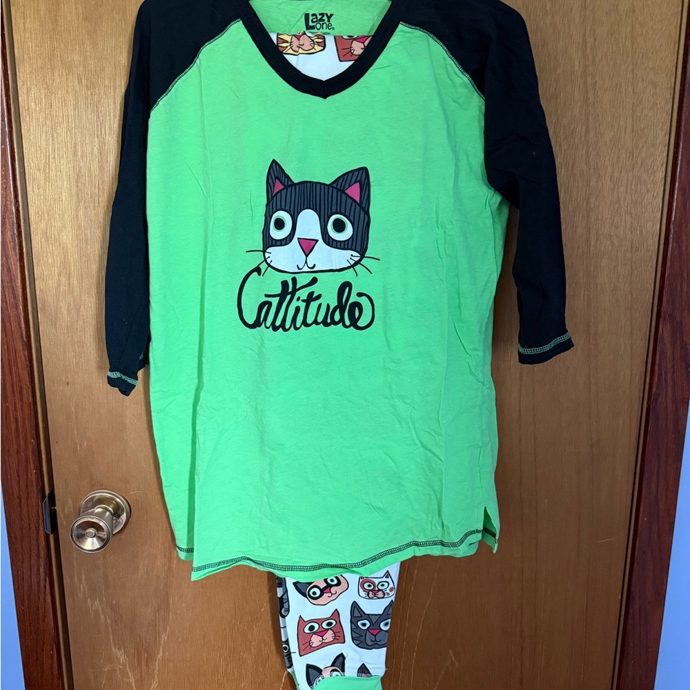 Lazy One Green and Black Cat Pajama Set